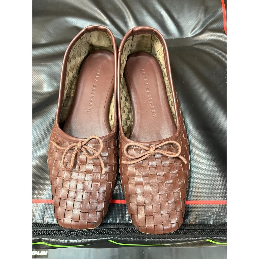 Freda Salvador Roma Square Toe Ballet Flats Woven Leather Umber Size 5